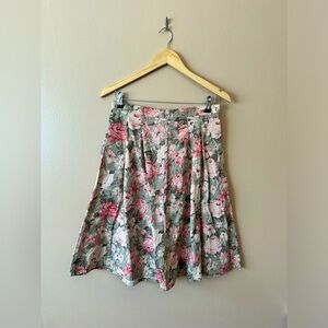 Handmade Vintage Knee Length Floral Skirt 27” Waist Pink Green Cotton Pockets